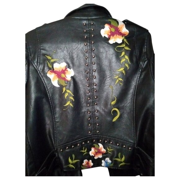 VINTAGE Women's Leather Motorcycle Jacket Med Black Floral Embroidered Zip-Up - Picture 4 of 10